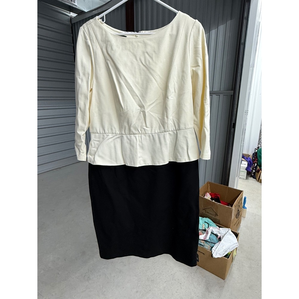 Talbots Colorblock Peplum Sheath Dress Cream Black 3/4 Sleeve Size 10 Office